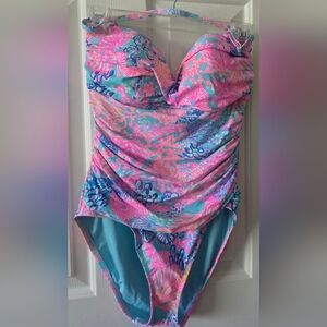 Lilly Pulitzer Pink & Turquoise Floral Ruched One-Piece Swimsuit